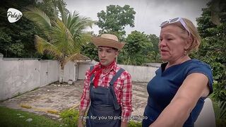 Grandma has bad intentions and convinces gardener to let her fuck him in the ass with the strap-on