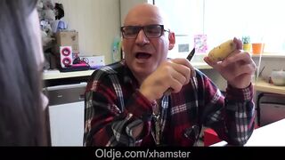Sweet teenager fucking the old cook kitchen cum swallowing