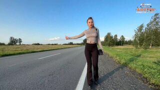 Hot bitch hitchhikes in tight leggings, shows tits and ass and pays for the ride with sex