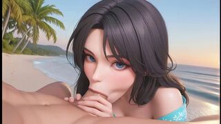 AI Generated - Black Hair Beach Babe POV Sloppy Blowjob Huge Tits Sunset Fuck