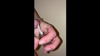 Collecting my thick sticky load in a shot glass, hands free cumshot