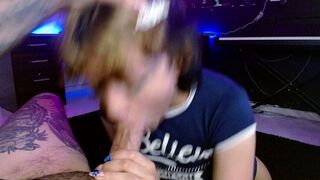 A cute petite girl gives me a blowjob and I cum in her mouth. She loves cum