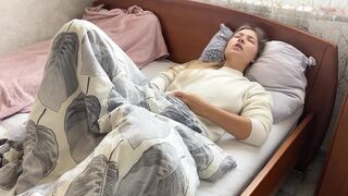Morning masturbation ended in a loud orgasm. I caress my tight pussy.
