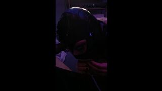 Choking on Chained Up Sissy's cock in latex hood
