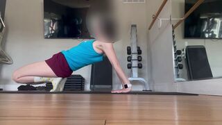 Stretching with booty shorts and a hairy pussy