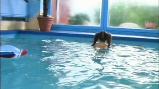 Beautiful Teen with Tight Pussy Fucked in the Pool and Cumshot by Two Big Cocks
