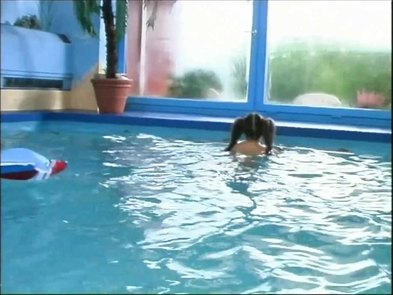 Beautiful Teen with Tight Pussy Fucked in the Pool and Cumshot by Two Big Cocks