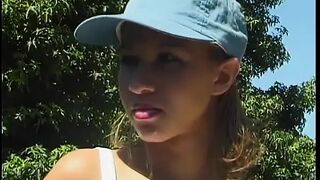Young girl with hairy pussy fucked doggystyle in a garden