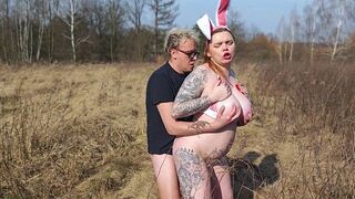 Polish Rabbit fucked in the field. He sucks cock until he cums on his tits.