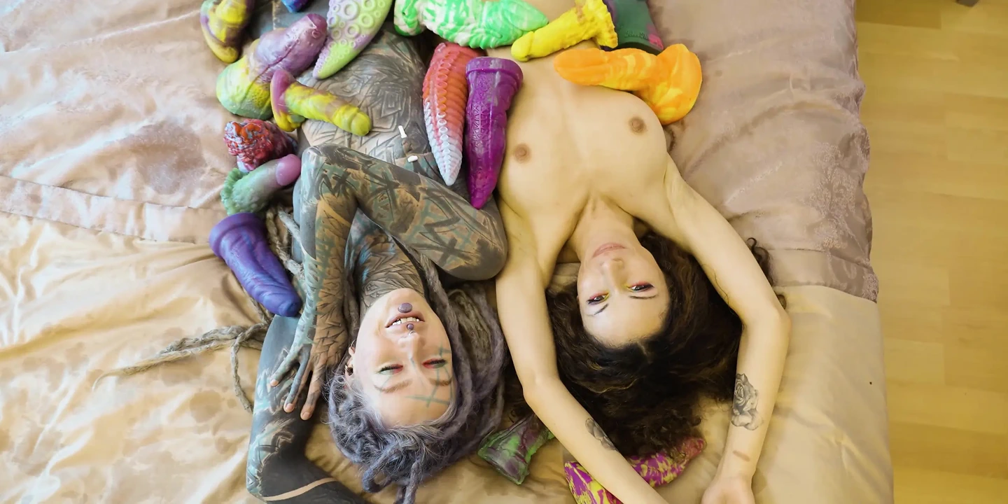 Lesbians EXTREME ANAL play with Crazy Toys GAPING and Moaning in colorful fishnets