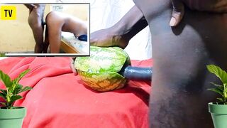 Teen Fucking watermelon while watching porn movie of Dicksex and Givensex fucking together till I got CUM, so wet and hot pussy!