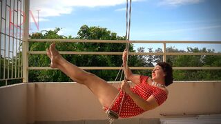 Beutiful lady swinging without panties on a swing outdoors. Slow motion 127 1