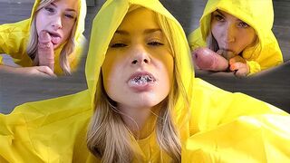 A stranger from the street sucks a dick in a raincoat, plays with cum and swallows cum