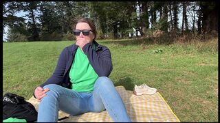 Girl was relaxing at a picnic in the park and accidentally wet my jeans in public