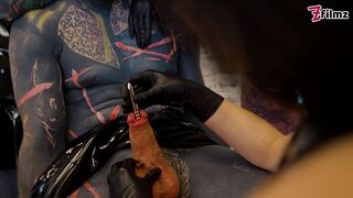 Three Cruel Latex Goddesses Destroy Tattooed Slave with Deep Sounding & Urethral Fingering