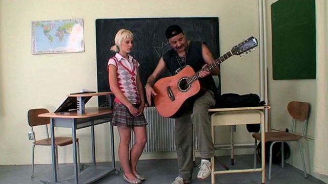 Blonde teen seduced by her much older teachers into a dirty threesome during music class