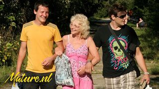 Kinky Granny Fucked In The Woods By 2 Young Dudes