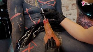 Tattooed Slave’s Cock Destroyed by Triple Latex Femdom Sounding & Finger Play