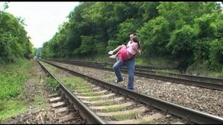 Beautiful young brunette fucked by two old perverts in public