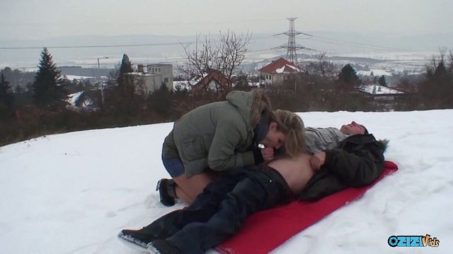 Old & young sneaky mating in the snowy park without much regard for her moaning