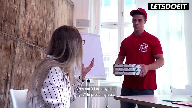 Blonde With Chest Tattoo Orders Pizza to the Office... Gets on Her Knees the Second He Walks In