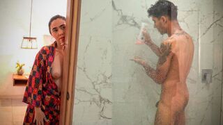 Big-assed stepmom ends up fucking her skinny stepson after spying on him in the shower