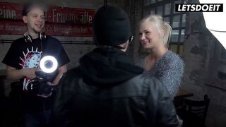 Behind the Scenes: Blonde Babe Teases the Crew with Her Tits Out... Waiting to See Which Cock Fucks Her