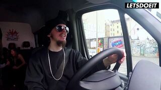 Magic Wand Pressed on His Balls... She Strokes His Hard Cock in the Van