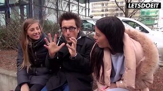Blonde & Brunette Lookalike Duo Ready for a Public FFM Threesome Ride