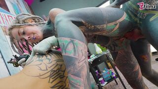 Tattoo apprentice and her customer get ANAL fucked during TATTOO session