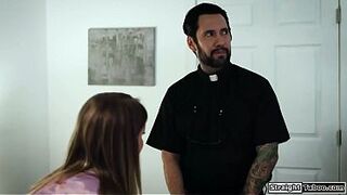 Even God cant help me withstand this horny teen seducing me.Busty Eliza Eves sits on top of her priest and kisses him.The blonde lets him fuck her
