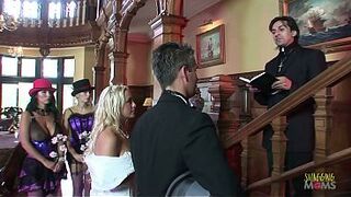 The wedding commences but once the chants begin the milf bridesmaids feel uneasy. Soon their devilish instincts kick in so they grab the husband, wife, and pastor to get their tushies shagged with DP.