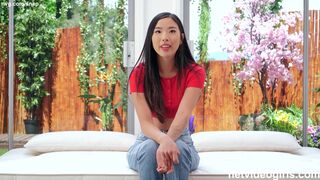 Asian girl with beautiful hairy pussy fucks a guy she just met during a modeling audition
