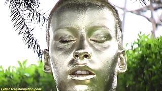 Crazy outdoor gold metallic painted busty statue girl