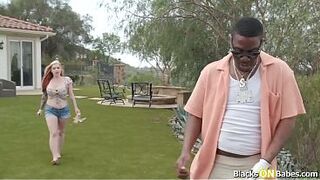 Milf Cubbi Thompson gets horny seeing her black neighbor gets hard.She strips then do tit fucking.The big tits blonde sucks his bbc then rides him.