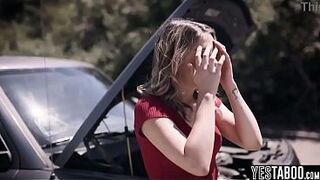 Stranded blonde MILF hitchhikes and fucks big dick stud outdoors