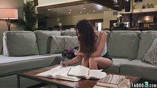 Petite babysitter fucked hard by her boss next to his housewife