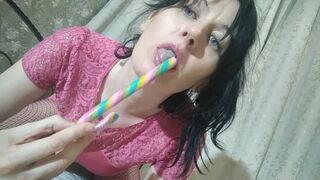 she sucks a Lollipop and shoves it in her hairy pussy GinnaGg