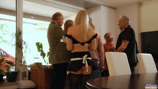 Sexy teen waitress is gangbanged by a group of grandpas at the office
