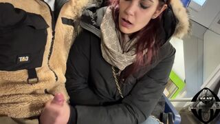 Handjob fast with cumming in the mouth between train seats