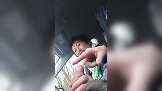 homemade, older chinese lady wanks cock in car