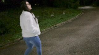 Stepsister gives a blowjob while taking a walk in the woods outdoor