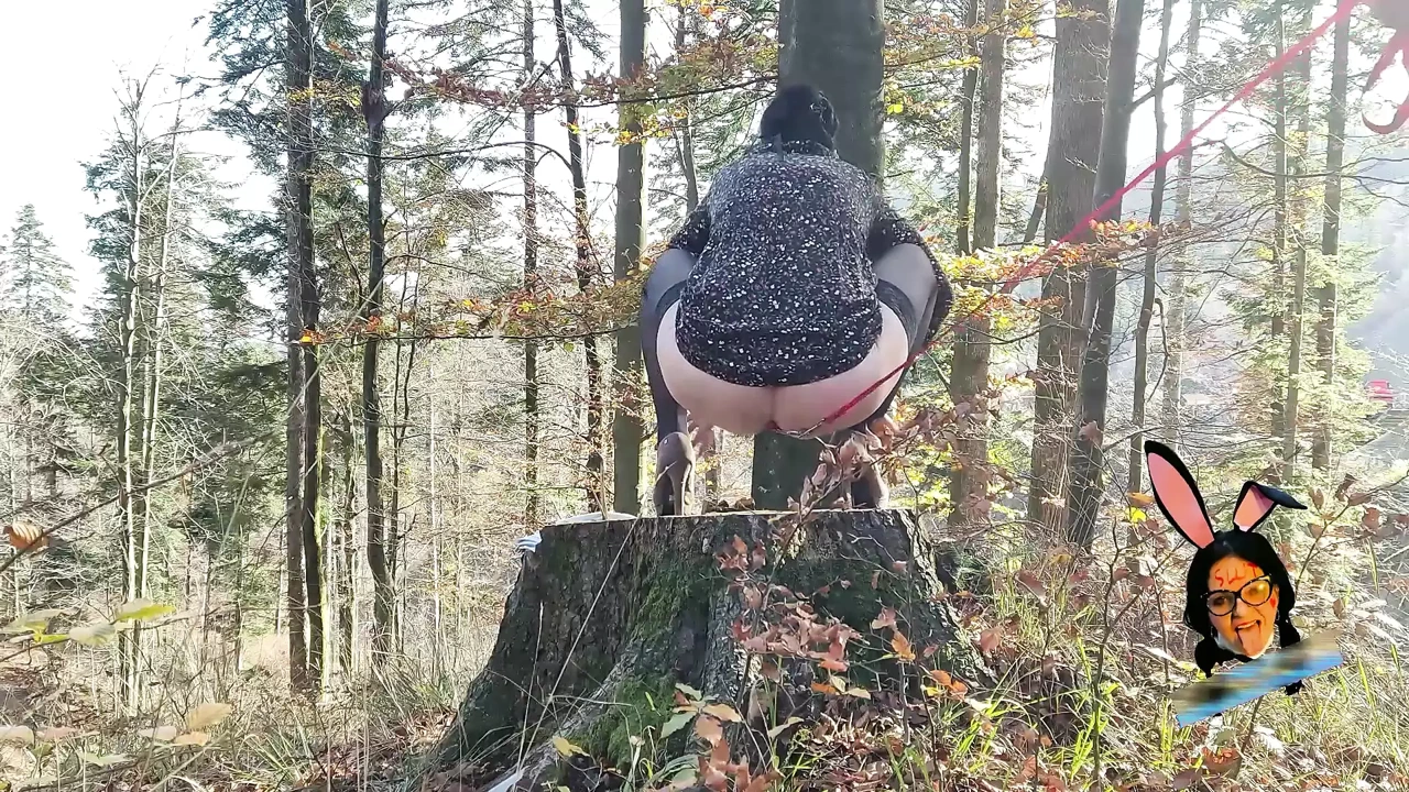 Beautiful milf mom takes outside with leashed butplug in her ass to take piss like a dog HUMILIATION