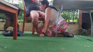 Kinky wife sucks big cock under the table