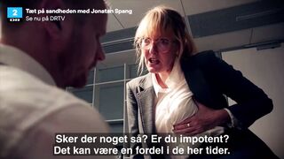 Danish mature Ditte Hansen pretends to lick nipple in skit
