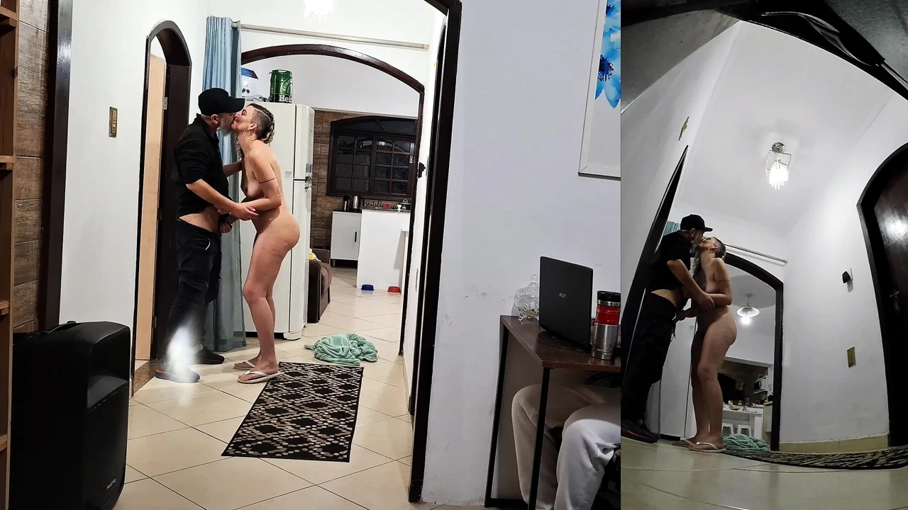 Real wife cheats on her husband while he's wearing headphones with the delivery man.
