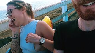 Riding rollercoaster at funfair nip slip, accidental public flash. Tit nipple slip