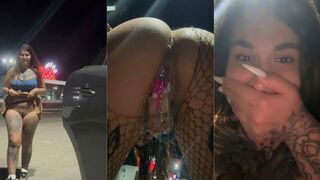 Messy squirt session in a mall parking lot — so risky and wet