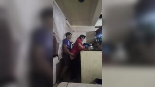 Fucking in the kitchen hidden from my wife, I fuck the cook