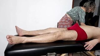 He managed to take off the masseuse's clothes and convince her to give him a blowjob and sit on him.